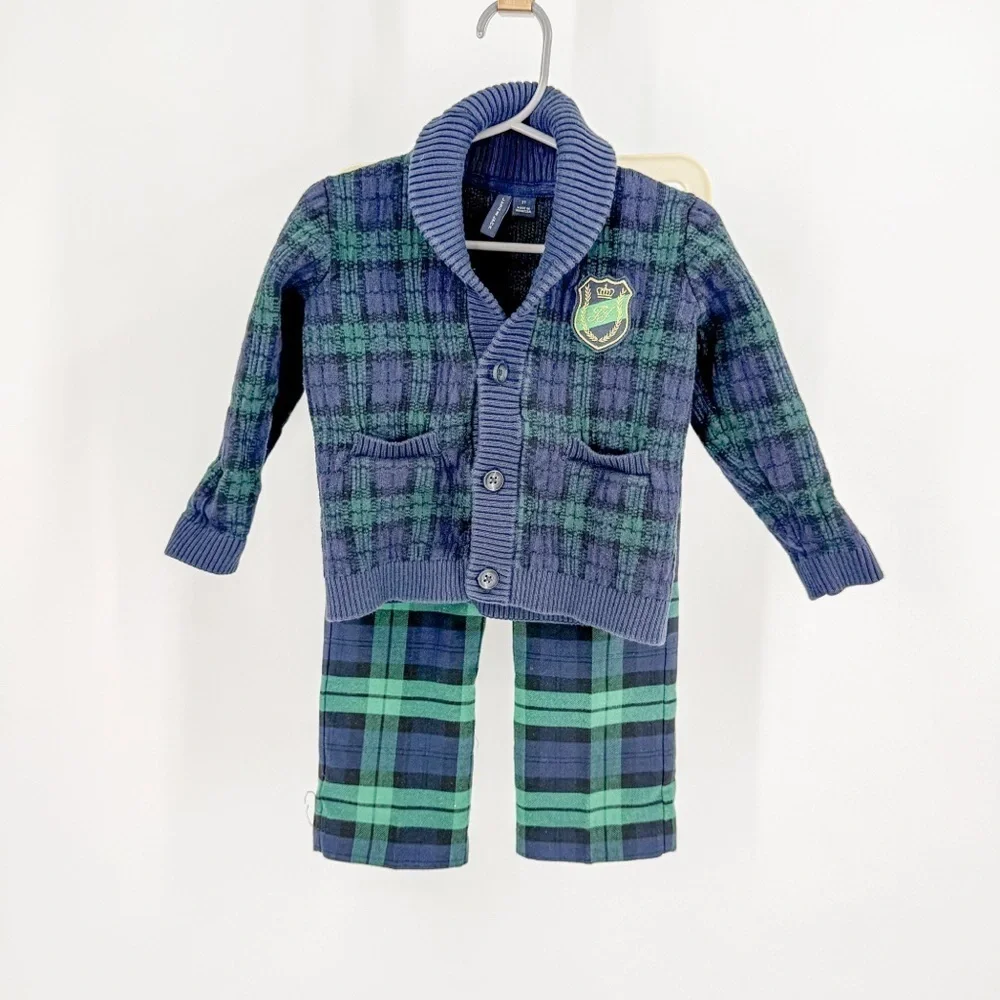 Janie and Jack Plaid Crest patch cardigan and pants
